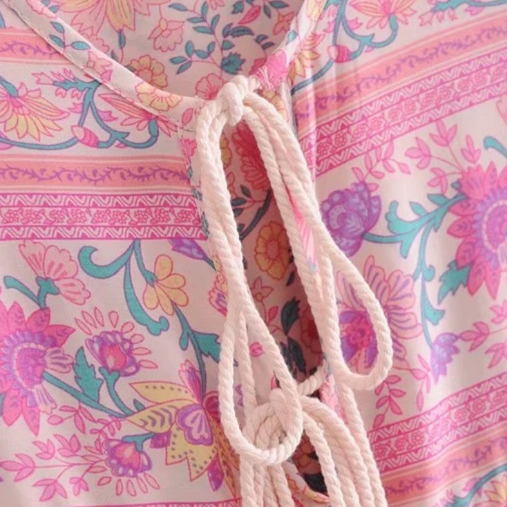 Babydoll Boho Floral Gypsy Print Dress Pink - Picture 9 of 12